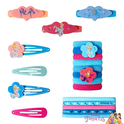 Luv Her Girls' Hair Accessories Set - 20 Pack Featuring Disney Cinderella - Includes 3 Barrettes, 4 Snap Clips, 5 Elastics, 8 Terry Ponies - Everyday Wear, Special Occasions, Ages 3+