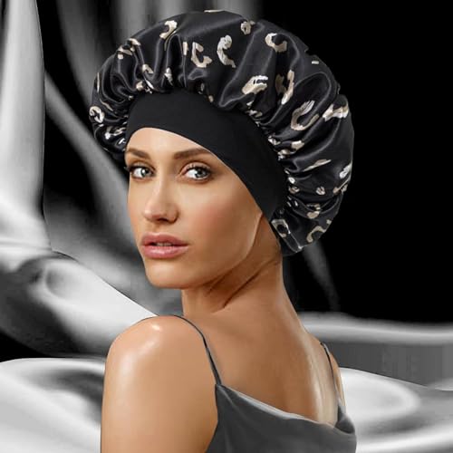 Silk Bonnet Satin Hair Bonnet With Tie Band for Sleeping Large Bonnets Hair Wrap with Adjustable Straps Hair Shower Cap for Women Curly Braid Hair Black Leopard Print