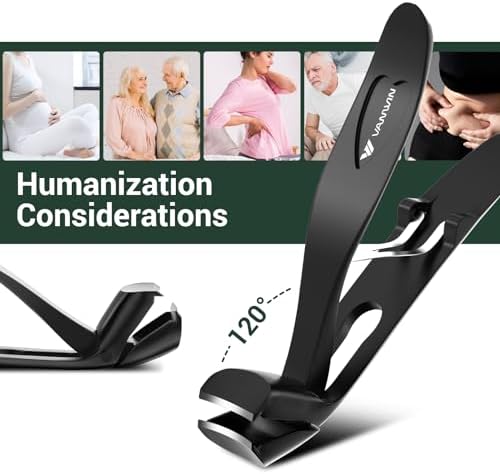 German Nail Clippers for Men, VANWIN Toenail Clippers for Thick Nails for Seniors with 16mm Wide Jaw, Ergonomic Heavy Duty Angled Head Toe Nail Clippers with Catcher Fingernail Clipper for Women Black