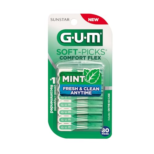 GUM Soft-Picks Comfort Flex, Mint, Easy to Use Dental Picks for Teeth Cleaning Health, Disposable Interdental Brushes with Convenient Carry Case, Dentist Recommended, 80 Count (Pack of 4)