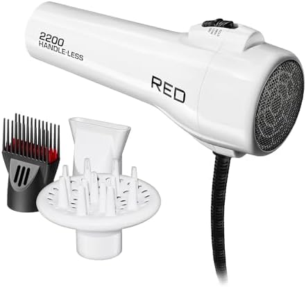 Red by KISS HandleLess Blow Dryer 2200W Ceramic Tourmaline White Color, 3 Heat Settings, Pik and Diffuser Included Comfortable Grip, Ionic for Frizz-Free Shine, Detangler & Straightening
