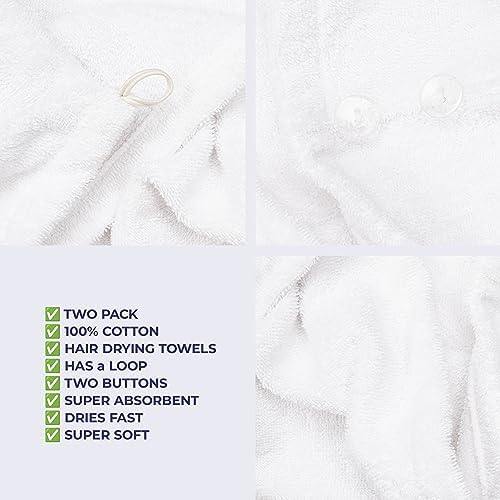 American Soft Linen 100% Cotton Hair Towels for Women, Head Towel Cap, Cotton Hair Turban Towel Wrap for Long Curly Anti Frizz Hair, Soft and Absorbent Cotton Hair Towels 2 Pack, White
