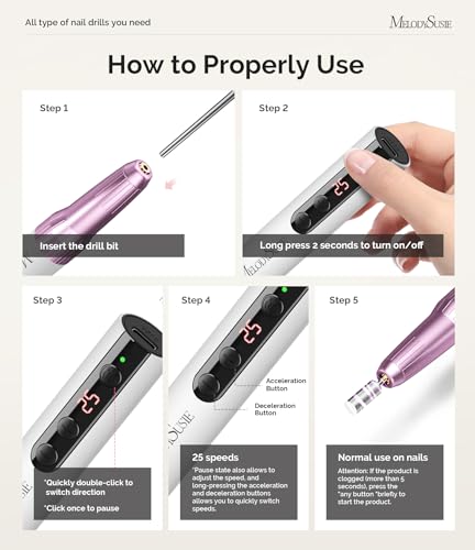MelodySusie Rechargeable Cordless Electric Nail Drill,PC180E 25000RPM Portable Nail Efile for Acrylic Gel Dip Powder Nails, 25 Speeds with Nail Drill Bits Sanding Bands (Purple)