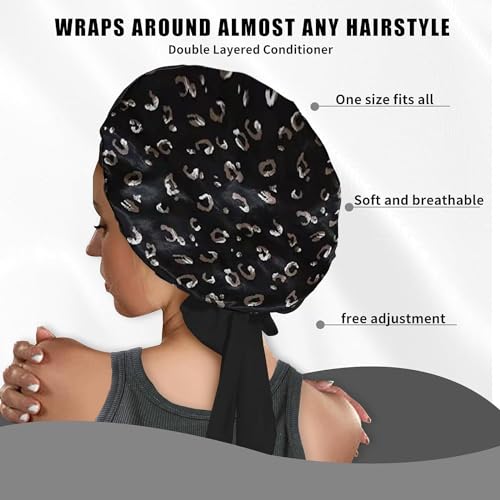 Silk Bonnet Satin Hair Bonnet With Tie Band for Sleeping Large Bonnets Hair Wrap with Adjustable Straps Hair Shower Cap for Women Curly Braid Hair Black Leopard Print