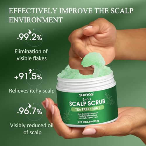 SHVYOG Scalp & Body Scrub, Tea Tree Exfoliator Scrub Shampoo with Peppermint & Sea Salt, Anti-Dandruff Detox Clarifying Exfoliator for Build Up, Itchy Scalp, Oily & Dry Hair with Scalp Massager