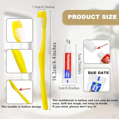 Disposable Toothbrushes with Toothpaste,200 Pack Yellow Hollow Individually Wrapped Disposable Travel Toothbrushes Kit in Bulk for Homeless,Nursing Home,Hotel,Charity
