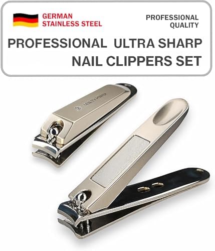 Nail Clippers Set 3 in 1 - Stainless Steel Toe Nail Clippers, Fingernail Clipper, Glass Nail File, Anti Splash, Ergonomic Grip in PU Leather Travel Case for Men & Women (Brown Case)