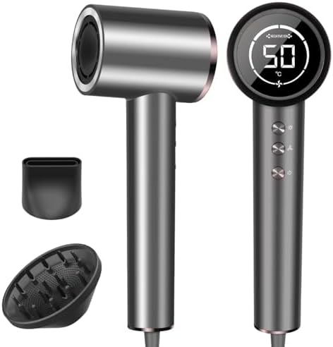 Hair Dryer, 150000RPM Professional High-Speed Negative Ionic Care Blow Dryer, Heat-Control, Fast Drying, Low Noise with Magnetic Diffuser and Nozzle, 4 Temps & 3 Speeds, HD Display Gray