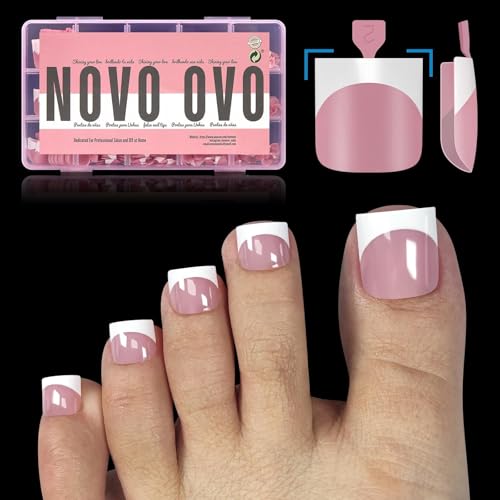 French Tip Toe Nail Tips Press on, Sharp Square Pre-Designed Soft Gel False Toenail Extension, BERRY PINK Pre-applied Tip Primer & Base Coat, Full Cover Acrylic for DIY x 15 Sizes 240 pcs