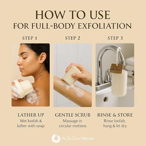 Ancestoria Plant-Based Loofah for Women – Premium Natural Exfoliating Body Scrubber Sponge – Non-Plastic Shower Loofah Sponge for Body and Face – A HerTime2 Brand, Pack of 3