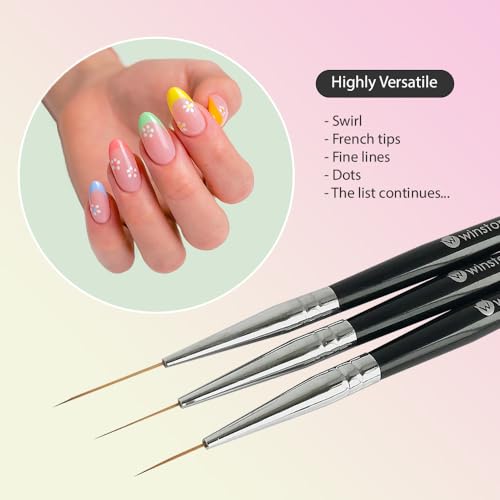 Striping Nail Art Brushes for Long Lines, Details, Fine Designs. 3 pcs Striper Brushes with Caps - AMAZING TRIO