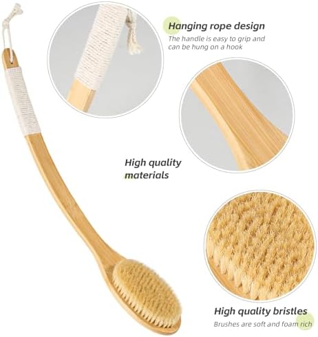 Bath Body Brush Shower, 22" Super Long Curved Bamboo Handle Antiskid Back Body Scrubber Wet/Dry Brushing, Moderately Soft Natural Bristle Body Brush for Showering