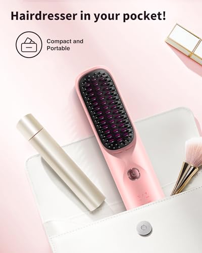 Cordless Hair Straightener Brush - Portable Hair Brush for Travel - 30s Fast Heating - 300 Million Negative Ions for Frizz-Free Shine, Touch Up On-The-Go, Gift for Women,10,000mAh