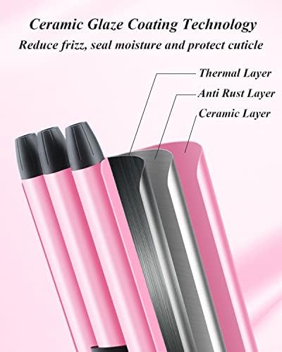 Mini Hair Crimper 1/2 Inch, Small 3 Barrel Curling Iron Hair Waver Dual Voltage for Home and Travel, Triple Ceramic Tiny Barrels Create Natural Tight Beachy Waves, Pink