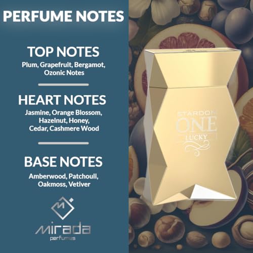 Stardom One Lucky, Men's Eau de Parfum (EDP) 3.4 FL. Oz (100ml), Men’s Perfume with Notes of Plum, Grapefruit, Bergamot, Ozonic Notes, Jasmine, Orange Blossom, Hazelnut, Honey, Cedar