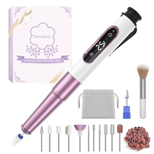 Nail Drill Cordless, Electric Nail File 12 in 1 with LED Display, Nail Drill Machine Professional Portable Rechargeable E File for Gel Acrylic Manicure Pedicure Set with 5 Speeds Purple