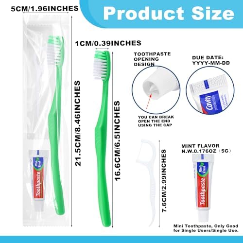 Disposable Toothbrushes with Toothpaste and Floss,50Pcs Green Single Use Individually Wrapped Disposable Travel Toothbrushes and Dental Floss Kit Bulk for Homeless,Airbnb,Hotel,Dentist