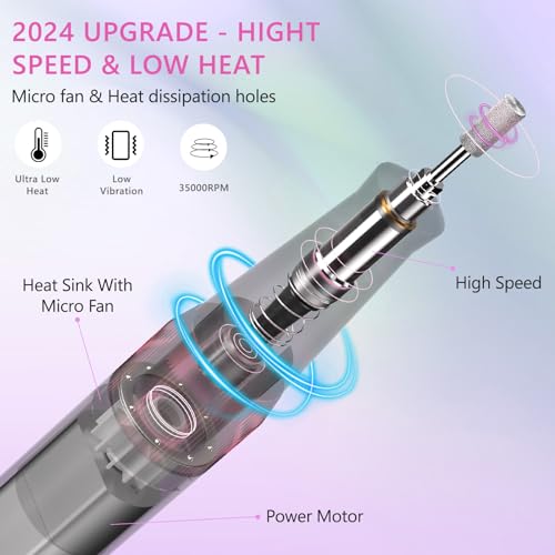 Rechargeable Nail Drill, 35000RPM Electric Nail File Machine Professional Acrylic Gel Nails Remover with Drill Bits, Portable Efiler Manicure Supplies for Polishing Grinding, Home Salon Use