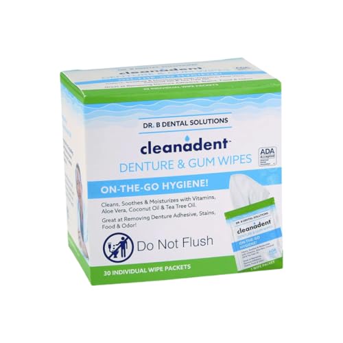 Dr. B Dental Solutions Cleanadent Wipes - Convenient Denture Cleaning Wipes, Refreshes Gums, No Artificial Colors/Flavors - 30 Pack