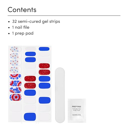 Dashing Diva Patriotic Gloss Nail Strips - Nails That I Love - UV Free, Chip Resistant, Long Lasting Gel Nail Stickers - 3-Piece Manicure Set - Contains 32 Wraps, 1 Prep Pad, 1 File