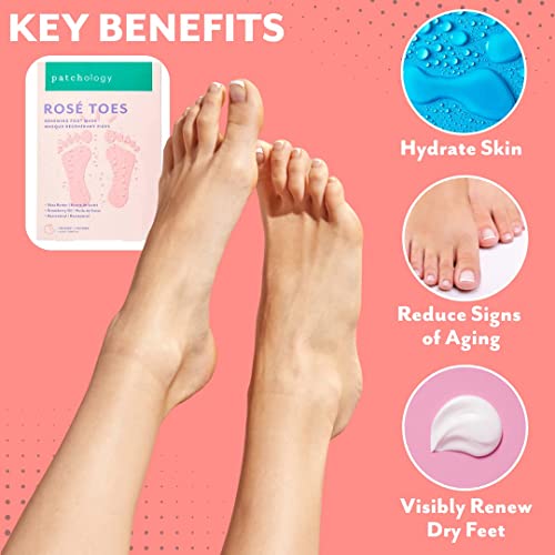 Patchology Rosé Toes Moisturizing Foot Mask – Shea Butter & Strawberry Scented Booties for Dry, Cracked Feet, Disposable Spa Socks with Resveratrol for Soothing Foot Care, Self-Care Essentials