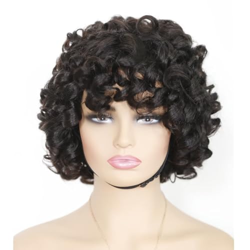 Fringe Bouncy Human Hair Wigs For Black Women Afro Rose Curly Funmi Glueless Wigs with Bangs Short Bouncy Curly Bob Wig With Bang 8Inch 180% Density Natural Black