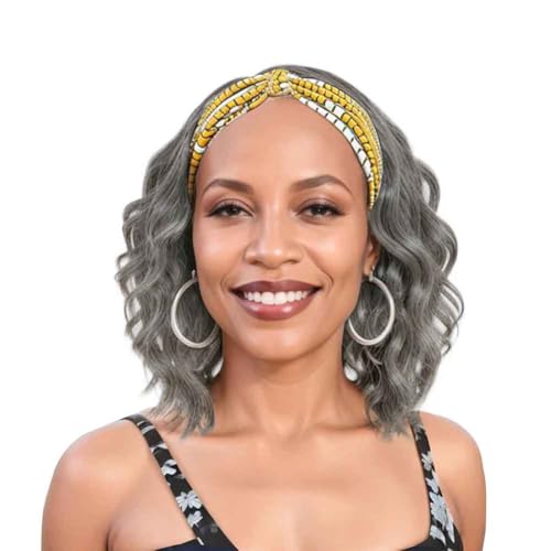 Silver Grey Wavy Headband Wig For Black Women Curly Half Wigs With Headband Attached Synthetic Wrap Wigs For Women(Gray)…