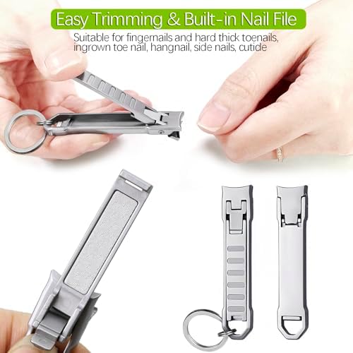 Portable Keychain Nail Clipper with Ear Pick, UItra Thin Nail Clippers for Men Medical Grade Stainless Steel Wide Jaw Folding Slim Sharp Fingernail Cutter for Travel