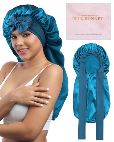 AWAYTR Long Silk Bonnet for Sleeping - 100% Mulberry Silk Bonnet for Women Long Hair Sleep Cap with Elastic Tie Band (Peacock Blue)