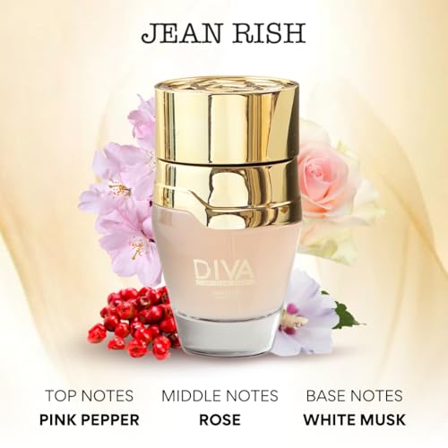 Jean Rish Diva Eau De Parfum - Perfume for Women (3.4 Fl Oz / 100ml) with Champagne Rose, Pink Pepper & White Musk Notes - Long Lasting and Luxury Fragrance