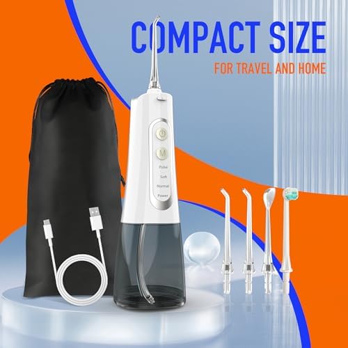 Portable Cordless Water Flosser, Rechargeable Water Dental Flosser with 1500 mAh Battery, IPX7 Waterproof, 4 Modes 4 Jet Tips, Type-C Charging for Travel & Home (White)