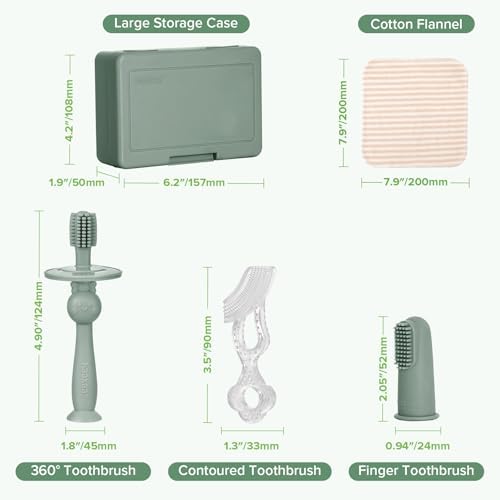 haakaa Training Toothbrush Set Oral Care Kit, Soft Silicone Toothbrush for Baby, Infants, Toddlers & Kids, Pea Green