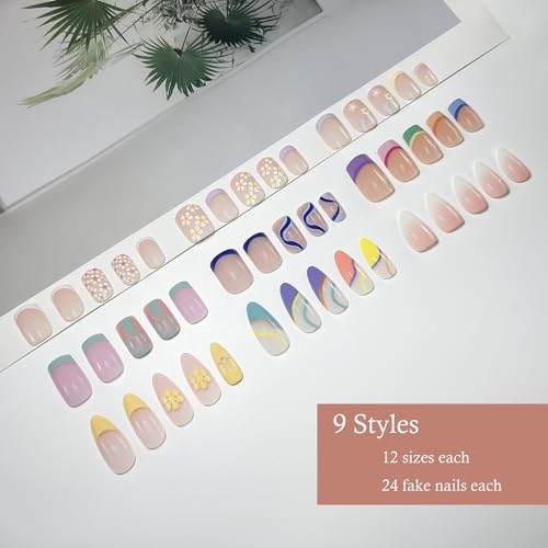 9 Packs (216 Pcs) Press on Nails Short, Jsiallye Flower Short Press on Nails Square, Swirl Press on Nails Almond, Gradient Glue on Nails for Girl Nail Art, 12 Size of Fake Nails - 9 Styles Nail Kits