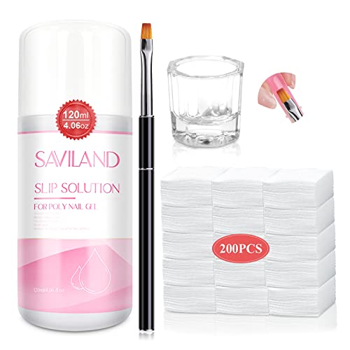 Saviland Slip Solution for Poly Gel Nails 4.06oz Liquid Anti-stick Gel Solution Kit for Beginners with Art Brush and Cup for Home DIY