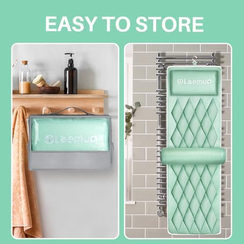 Full Body Bath Pillow Bathtub Pillows-Removable Lumbar Cushion with 17 Non-Slip Suction Cups 4D Air Mesh Fit Any Tub Luxury Bathroom Accessories-Green