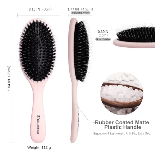 Glidease Matte Boar Bristle Hair Brush with Nylon Refined Smooth Bristle for Women, Men, and Kids - Effortless Detangler Hair Brush Ideal for Thick, Thin, Fine All Hair (Pink)