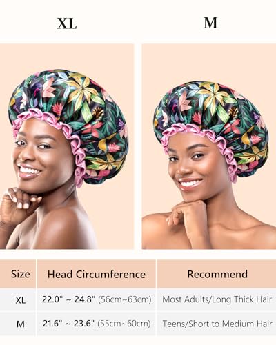 mikimini Rainforest Large Shower Caps Pack of 2, Shower Cap for Women Long Hair with Pink Lace, Reusable Waterproof Shower Hat for Girls