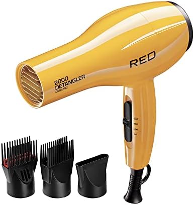 RED by KISS 2000 Ceramic Hair Dryer, Professional Salon Blow Dryer 3 Attachments Included, 2 Detangler Piks, 1 Air Concentrator (Yellow)