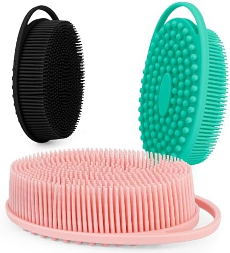 Soft Silicone Body Scrubber 3 PCS Silicone Body Shower, Silicone Loofah 2 in 4 Bath and Shampoo Brush, Body Scrubber Shower Cleaning Exfoliating Use for Sensitive Skin, Lather Well, Black,Pink,Green