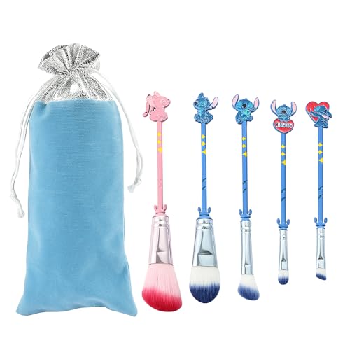 Interstellar Baby Makeup Brushes Set - 5Pcs Creative Stitch Theme Cosmetic Brushes Set, Premium Synthetic Foundation Eyeshades Brush Set Best Gift for Young Girl Women (Blue mix pink)
