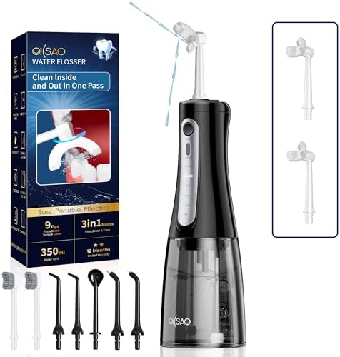 Cordless Water Flosser for Teeth Cleaning Pick, U-Shaped Flossing Head for 360° Deep Clean, 5 Modes & 9 Jet Tips, IPX7 Waterproof, Rechargeable & Portable Oral Irrigator for Travel, 350ML Large Tank