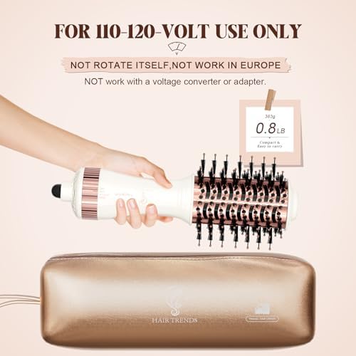 Travel Hair Dryer Brush, Nano Titanium 2 Inch One Step Hair Dryer & Styler Volumizer, Mini Oval Hot Air Brush, White and Rose Gold, HB004