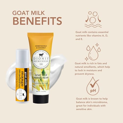 Dionis Goat Milk Skincare Hand Cream & Lip Balm Set - Safe For Sensitive Skin, Moisturize, Hydrate, Dry Chapped Lips and Skin, Cruelty Free, Honeysuckle & Coconut and Mango Madness, 1 oz and .28 oz