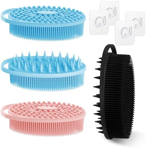 Soft Silicone Body Scrubber 4PCS, 2-in-1 Bath & Shampoo Brush with Dual-Side Usage, Hygienic Silicone Loofah Shower Scrubber for Gentle Exfoliating & Good Lathering(Black/Pink/Blue*2)