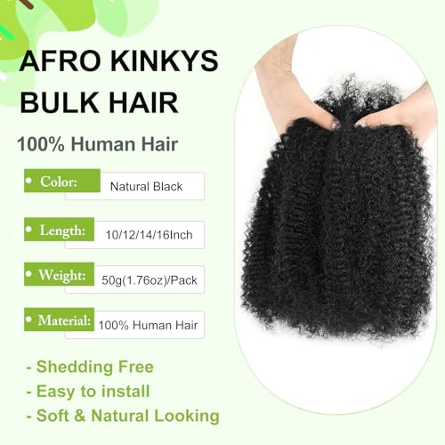 poetically 16 Inch Afro Kinkys Bulk Human Hair Afro Kinky-Curly Human Hair Bundles for Mini Twist 50g/Pack Natural Black 4C Dreadlock Extensions for Permanent Sister Locs/Mini Twists/Braids/Repair