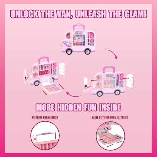 Barbie Car Makeup Kit for Girls, Real Washable Toy Makeup Set, Barbie Gift, Play Makeup and Pretend Play Toys, Perfect for Birthdays, Parties, Sleepovers & Makeovers, Ages 6 and up, by Townley Girl