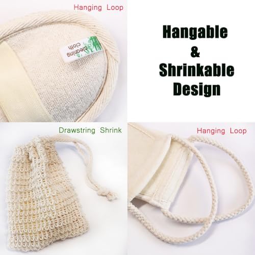 Natural Loofah and Sponge Set, Back Scrubber for Shower with Soap Bag. Body Exfoliating Loofah Sponge for Women and Men, 3-pcs