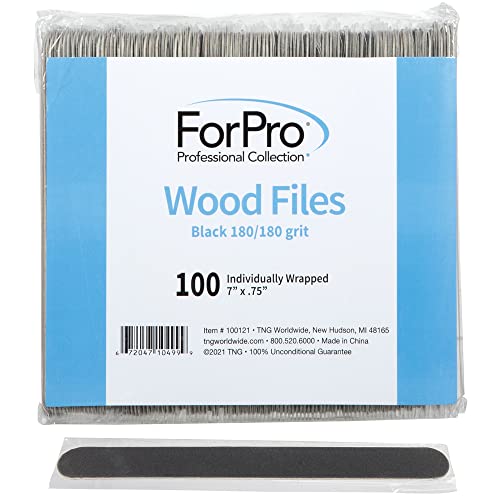 ForPro Professional Collection Wood Nail File, Black, 180/180 Grit, Double-Sided Manicure & Pedicure Nail Files, 7” L x .75“ W, Individually-Wrapped, 100-Count