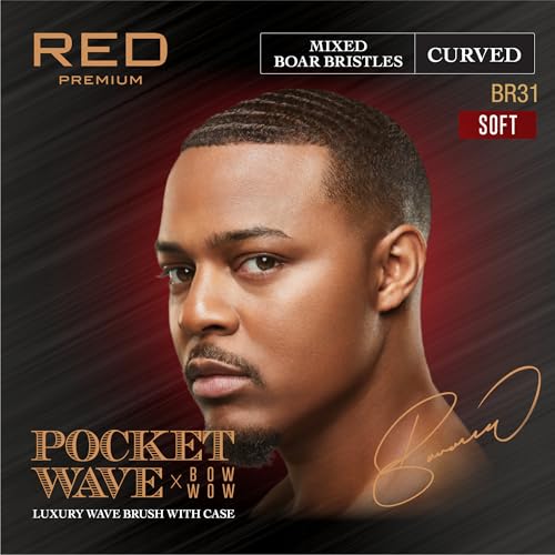Red by Kiss Premium Pocket Wave Bow Wow Curved Palm Brush – Boar Bristles for 360 Waves, Curved Design for Precision Control, Ideal for Coarse, Curly, Short Hair & Fades (Medium)