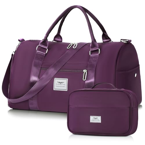 FIORETTO Womens Gym Tote Duffle Bag with Toiletry Bag, Sports Duffel Overnight Hospital Workout Carry on Bag for Girls with Wet Pocket & Shoe Compartment, Ideal for Travel, Swimming, Dance Dark Purple
